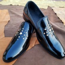 Handmade Men's Genuine Black Patent Leather Moccasins Tuxedo Party Shoes