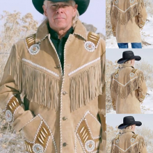 Men's New Native American Beige Cow Suede Leather Beads Fringes Jacket