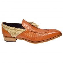 Men's Handmade Cognac / Beige Python Embossed Italian Calfskin Tasseled Loafers