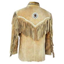 Men's New Native American Beige Suede Leather Beads Fringes Jacket