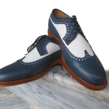 Men’s Handmade White & Navy Color Leather Shoes, Wing Tip Brogue Dress Formal