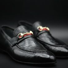 Handmade Men's Genuine Black Printed Leather Moccasin Formal Wear Shoes