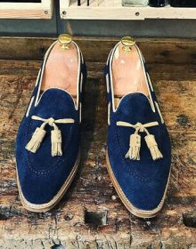 Blue Genuine Leather Handcrafted Yellow Tassel Loafer Slip Ons Party Wear Shoes