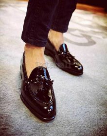 Handmade Men's Leather Genuine Black Patina Loafers & Slip Ons Tassels Shoes