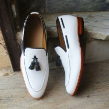 Handmade white Moccasin Shoes, Men's Slip On Tussle Formal Dress Leather Shoes
