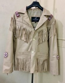 Men's New Native American Beige Cow Leather Beads Fringes Jacket
