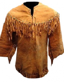 Men's New Native American Tan Brown Buckskin Suede Leather Fringes Jacket / Shirt
