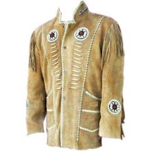 Men's New Native American Beige Suede Leather Beads Fringes Jacket
