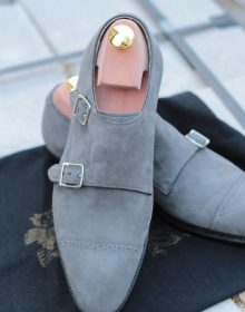 Stylish Handmade Suede Gray Color Vintage Double Buckle Straps Monk Men Shoes