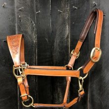 Leather Halter with Floral Tooled Nose Band - Horse Size - Brass Hardware