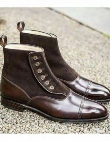 MENS HANDMADE BROWN BOOTS BUTTON ANKLE LEATHER SHOES FOR MEN