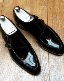 Black Monk Double Buckle Straps Apron Toe Genuine Leather Handmade Shoes