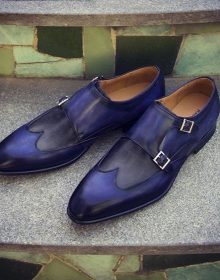 Two Tone Purple Black Monk Double Buckle Strap Rounded Toe Genuine Leather Shoes