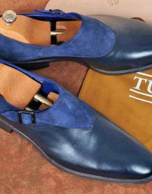 Men Two Tone Blue Suede Monk Single Buckle Strap Plain Toe Leather Shoes handmad