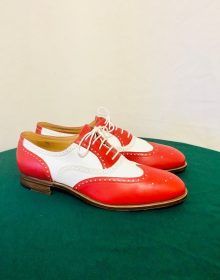 Men Two Tone Red White Cont Wing Tip Brogue Toe Genuine Leather Laceup Shoes