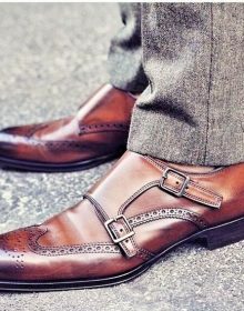 Handmade Men's Genuine Double Buckle Monk Strap Wing Tip Formal Men Patina Shoes