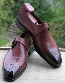 Men's Maroon Red Monk Single Buckle Strap Burnished Medallion Toe Leather Shoes