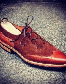 New Handmade Men Maroon Color Suede Leather Wing Tip Rounded Toe Tan Sole Shoes