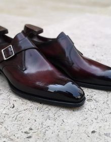 Men's Handmade Burgundy Monk Leather Burnished Toe Shoes, Men Dress Buckle Shoes