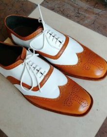 Handmade Men’s White & Tan Color Leather Shoes, Wing Tip Brogue Dress Lace Up Sh