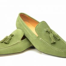 Men Green Tassel Loafer Slip Ons Matching Sole Real Suede Leather Handmade Shoes