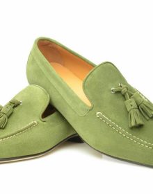 Men Green Tassel Loafer Slip Ons Matching Sole Real Suede Leather Handmade Shoes