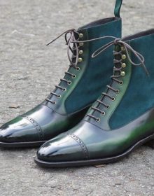 New Men’s Handmade Green Color Lace Up Ankle High Cap Toe Leather & Suede Boots