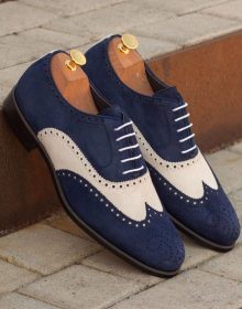 New Handmade Wingtip Navy Blue and White Calf Suede Shoes