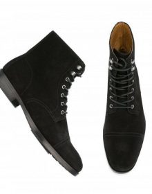 Men's Black High Ankle Rounded Cap Toe Real Suede Leather Lace Up Boots