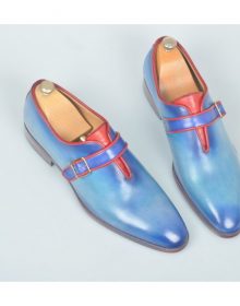 NEW HANDMADE MEN's LUXURY BLUE MONKSTRAP WITH RED TRIM MENS ITALIAN LEATHER SHOES