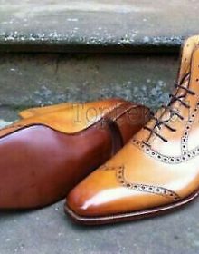 Handmade Men's Leather Wingtip Brogue High Ankle Stylish Boots
