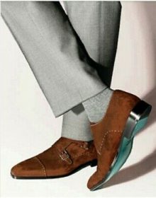 Genuine Suede Leather Brown Tone Cap Toe Men Handmade Buckle Straps Monk Shoes