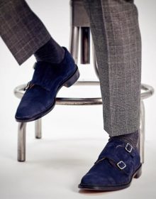 Formal Dress Premium Blue Color Suede Leather Men Double Buckle Strap Monk Shoes