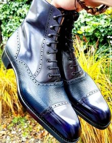 Two Tone High Ankle Rounded Cap Toe Genuine Leather Lace up Boots for Men's