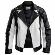 Handmade Men's Cow-Hide Leather Black and White Detachable Sleeves Jacket