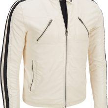 Men White leather jacket with black lines, MEN Biker leather jacket, Men jacket