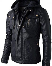 Biker Leather Jacket with Detachable Hoodie Distressed Black