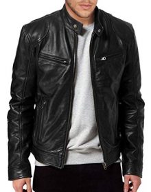 Men’s Black Genuine Real Lambskin Leather Bomber Biker Motorcycle Jacket