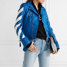 New Woman's Cropped Tasseled Leather Biker Jacket, Bright Blue Color Jacket