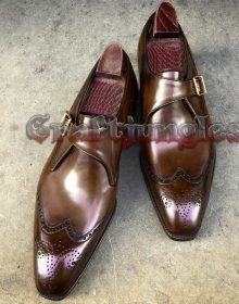 Handmade Brown Leather Shoes, Monk Wing Tip Dress Formal Shoes Men Leather Shoes