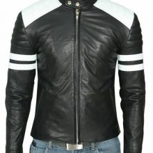 Handmade Mens Black And White Biker Leather Jacket, Slim Fit Biker Leather Jacket