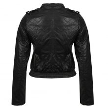 Women's Black Biker Quilted Tab Collar Genuine Leather Adjustable Waist Jacket