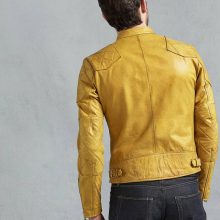 New Handmade Mens Padded Shoulder Yellow Café Racer Leather Jacket