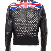 New Mens UK Flag Punk Vintage Full Silver Spiked Studded Brando Leather Jacket