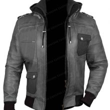 New Handmade Mens Hoodie Gray Lambskin Leather Jacket