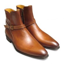 New Handmade Men Genuine Leather Brown Single Rounded Buckle Strap Jodhpur High Ankle Men Boots