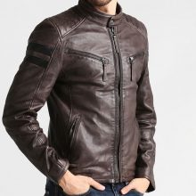 New Handmade Mens Standing Collar Anthrazit Cafe Racer Leather Jacket