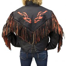 New Handmade Women's Western Black Orange Flame Fringe Leather Jacket