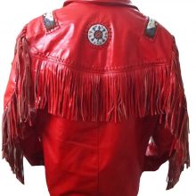 New Handmade Men Red Western Fringes Cowboy Genuine Real Leather Jacket