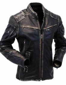 Mens Vintage Look Motorcycle Distressed Black Leather Jacket Genuine Cowhide Leather Biker Coat